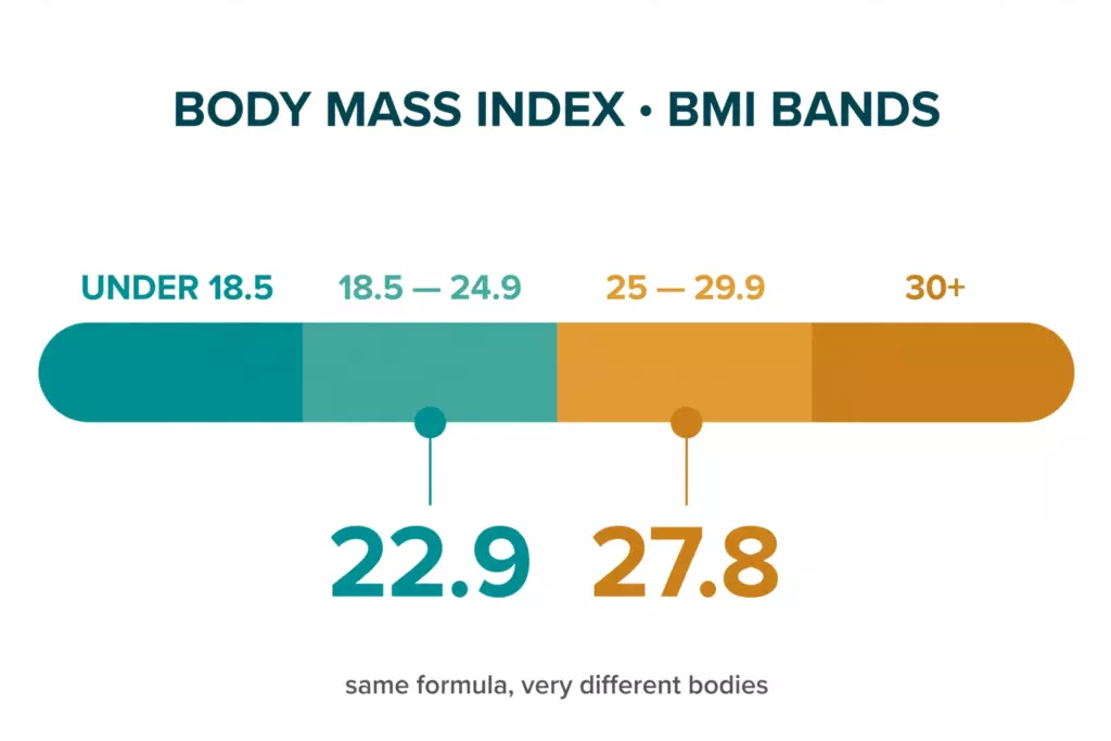 BMI scale diagram showing the four weight bands with markers at 22.9 and 27.8