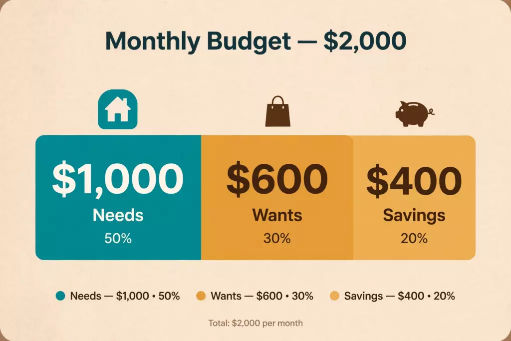 Stacked bar chart showing a $2,000 monthly budget split into $1,000 needs, $600 wants, and $400 savings under the 50/30/20 rule