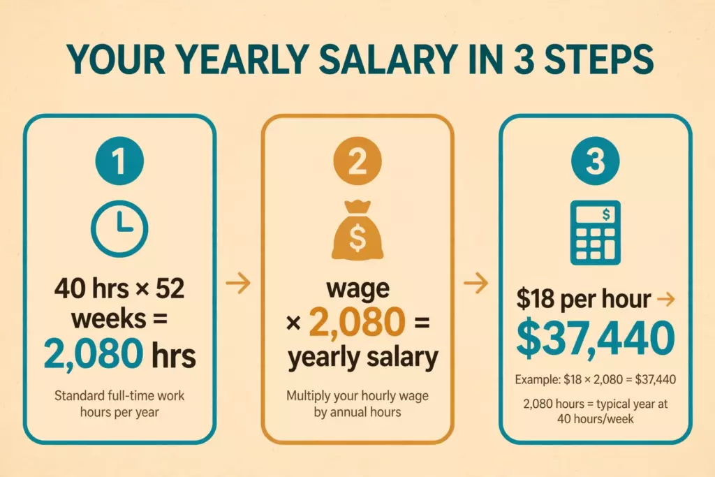 Diagram showing the hourly-to-salary formula: hourly wage multiplied by 2,080 hours equals yearly salary, with an $18 per hour example totaling $37,440