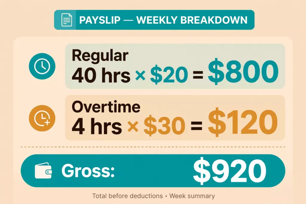 Worked payslip example showing 40 regular hours at $20 plus 4 overtime hours at $30, totaling $920 gross pay