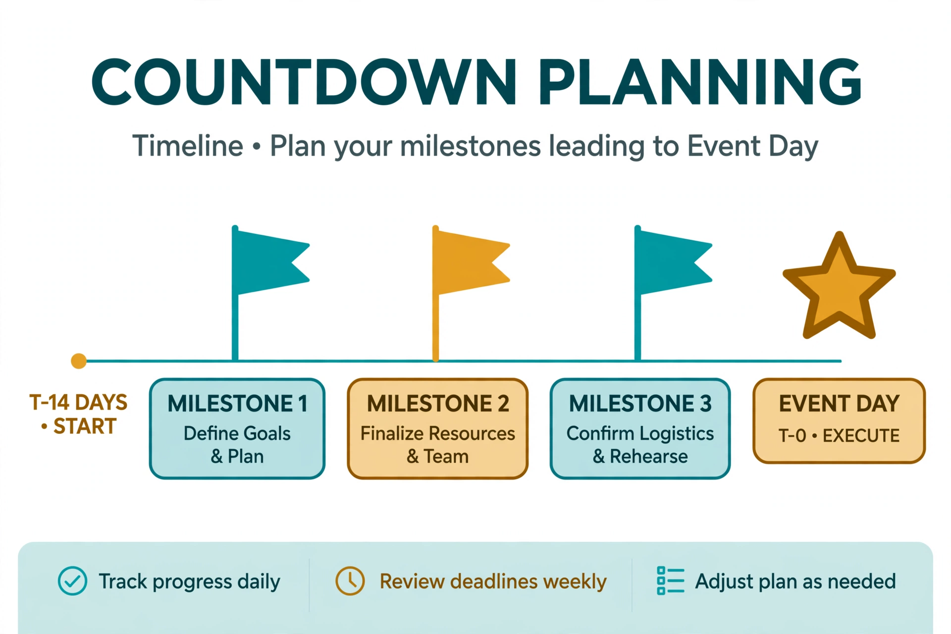 Diagram showing countdown planning timeline with milestone flags leading to event day