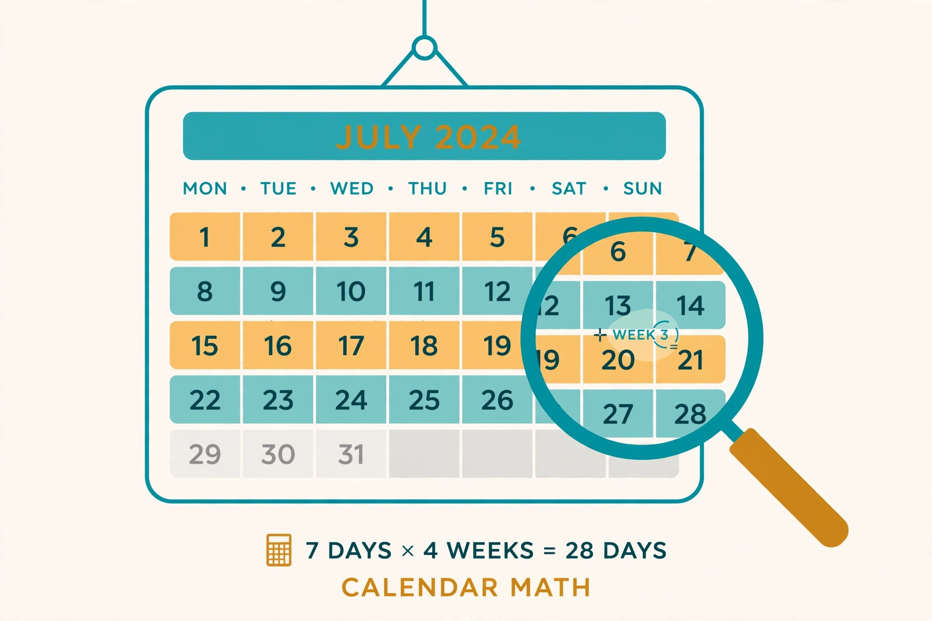 Wall calendar with weeks highlighted and a magnifying glass over it