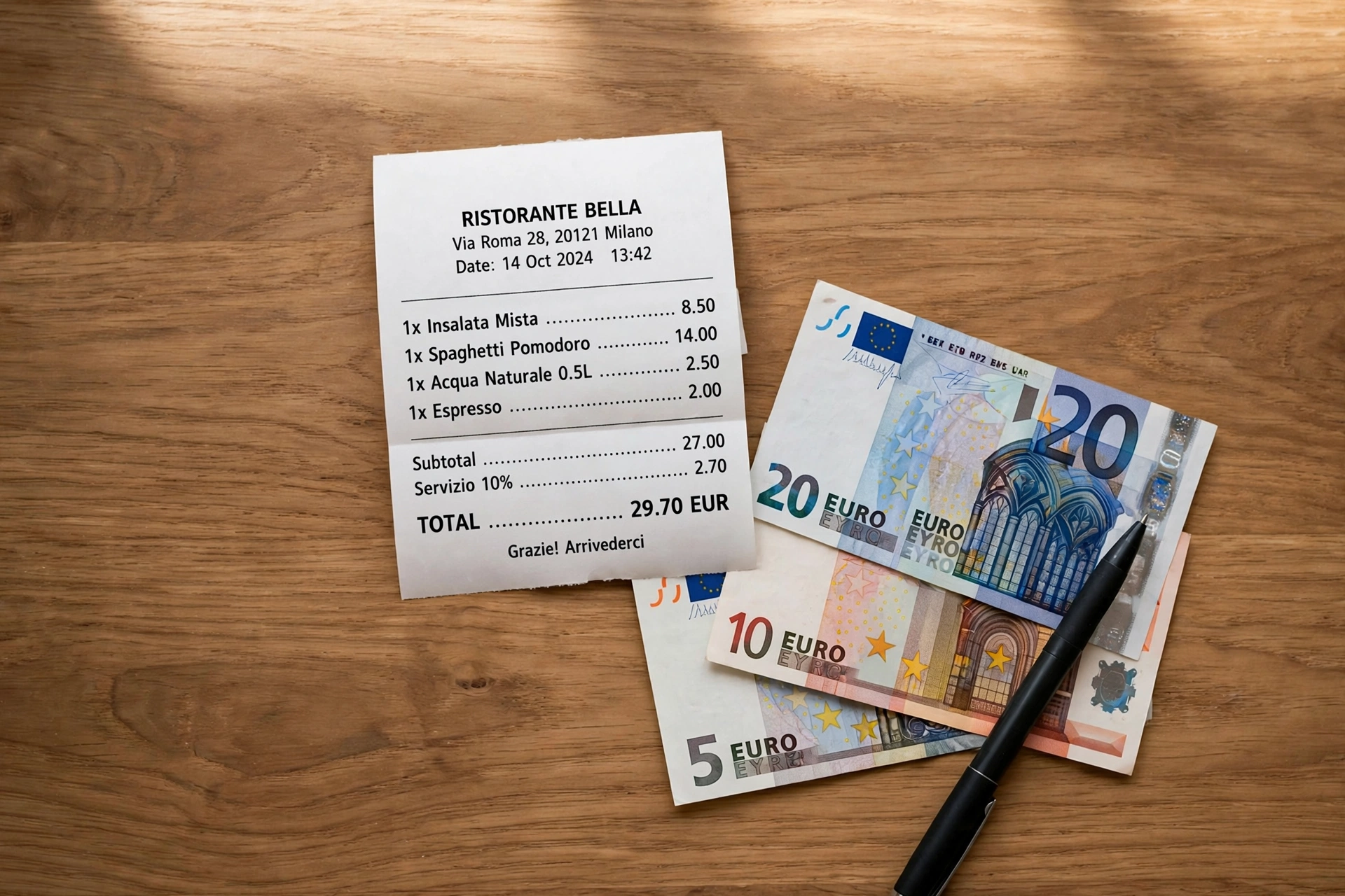 Warm flat-lay photo of a restaurant bill and banknotes on a wooden table with a pen