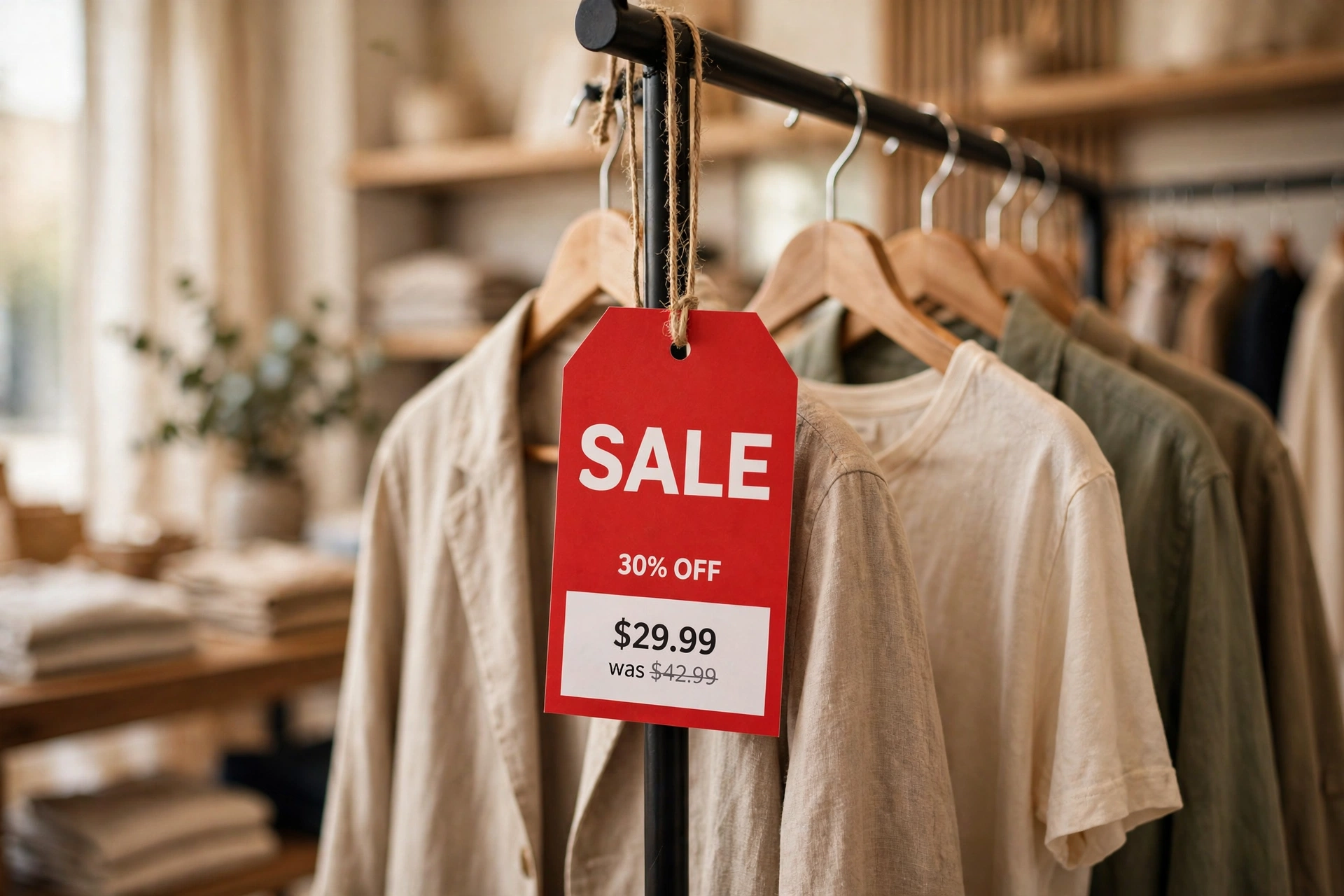Bright photo of a red SALE price tag on a clothing rack in a shop
