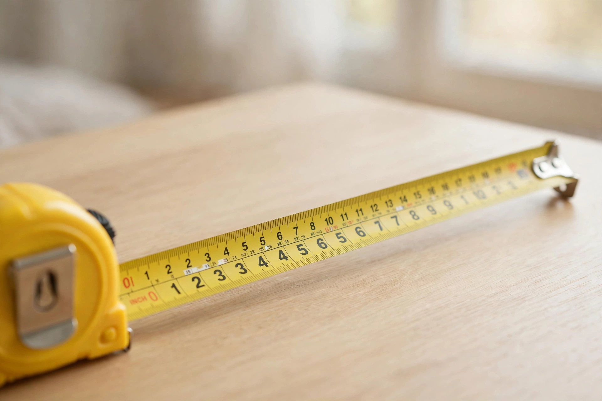Photo of a yellow tape measure showing inch and centimeter markings on a wooden table