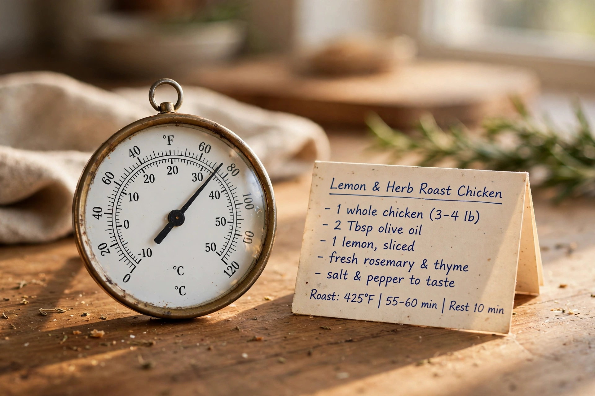 Photo of a round analog thermometer showing Celsius and Fahrenheit scales on a kitchen counter
