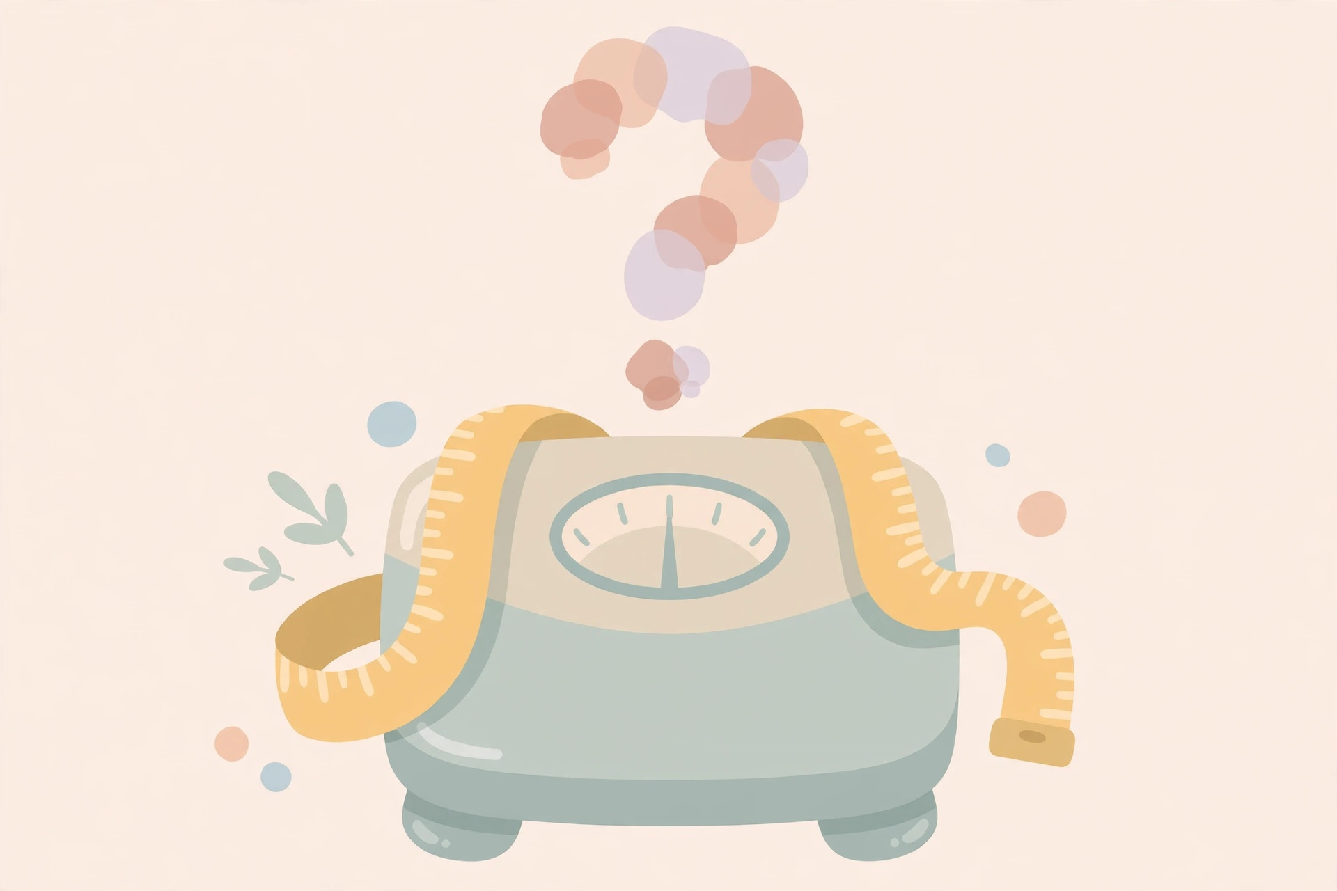 Flat illustration of a bathroom scale with a tape measure draped over it and a question mark above