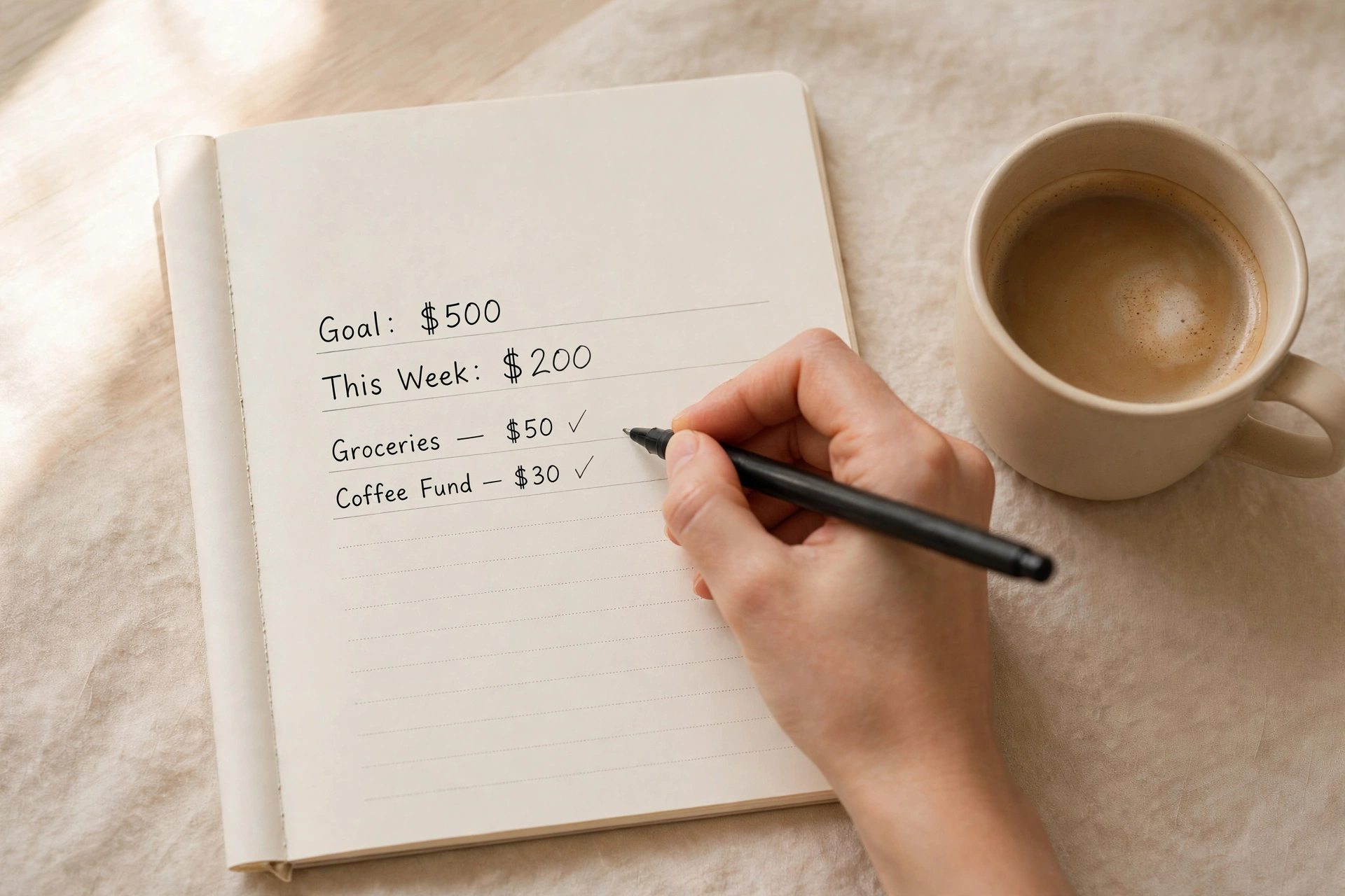 Photo-style illustration of a hand writing $200 into a savings tracker notebook beside a coffee cup