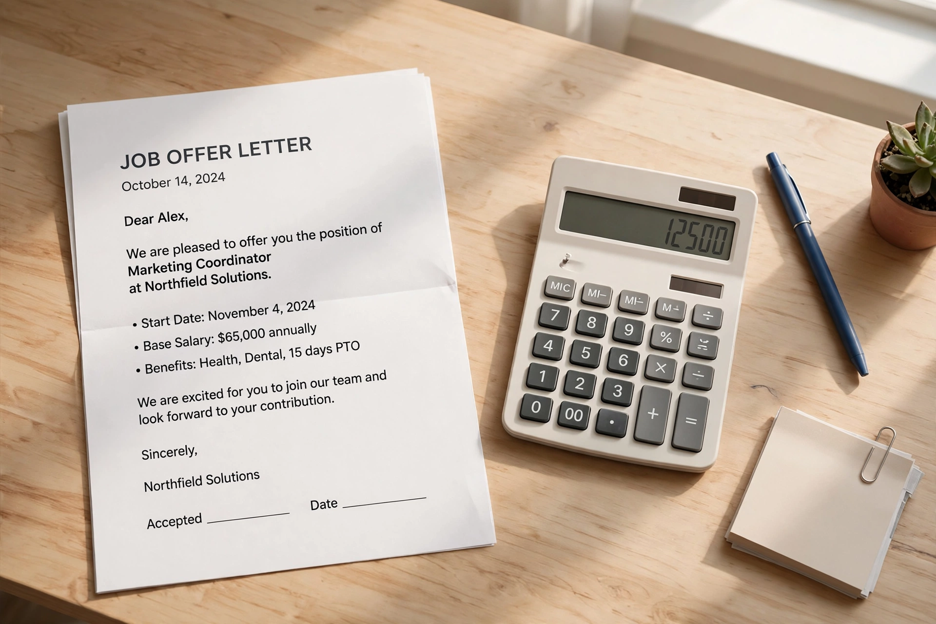Photo-style illustration of a calculator next to a job offer letter on a tidy desk