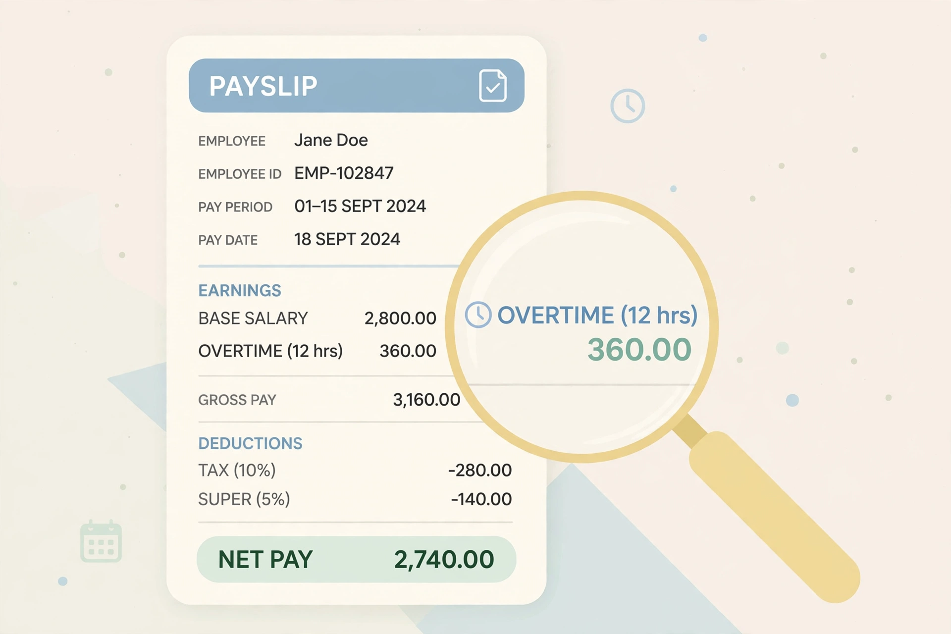 Flat illustration of a payslip close-up with a magnifying glass highlighting the overtime line