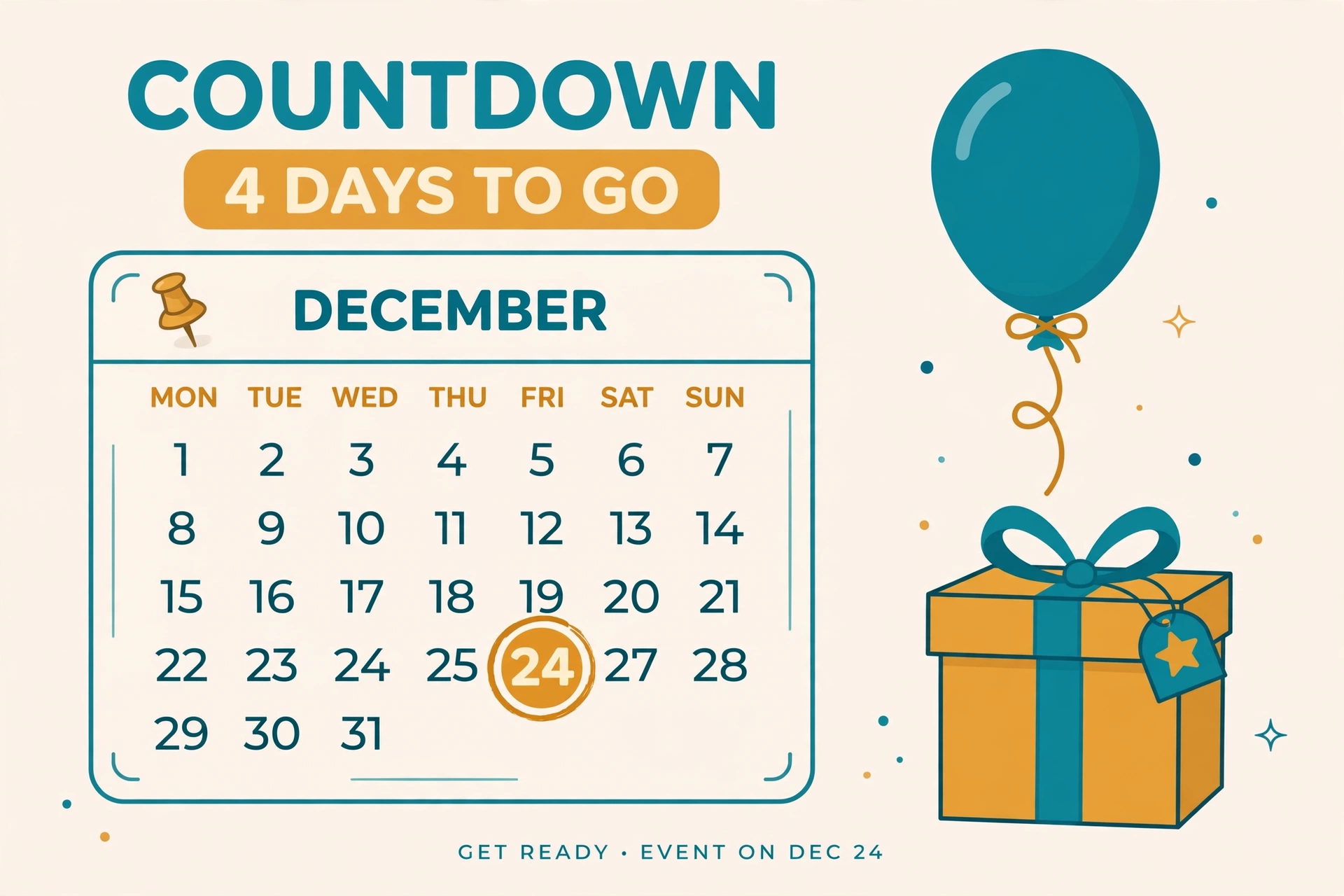 Calendar page with circled date, party balloon and gift box for event countdown