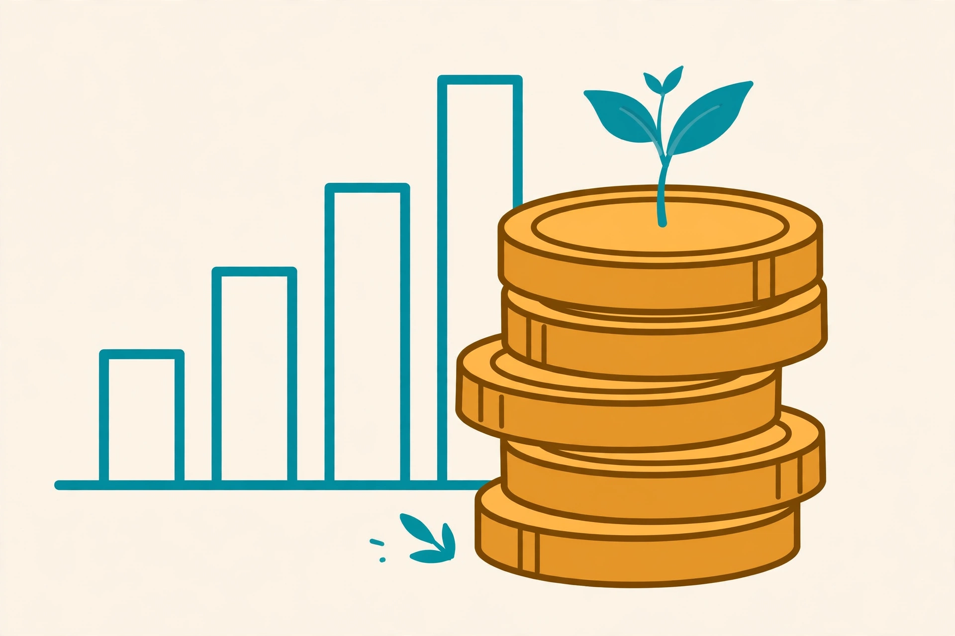 Coins stacking up with a small plant sprouting, illustrating interest growth over time
