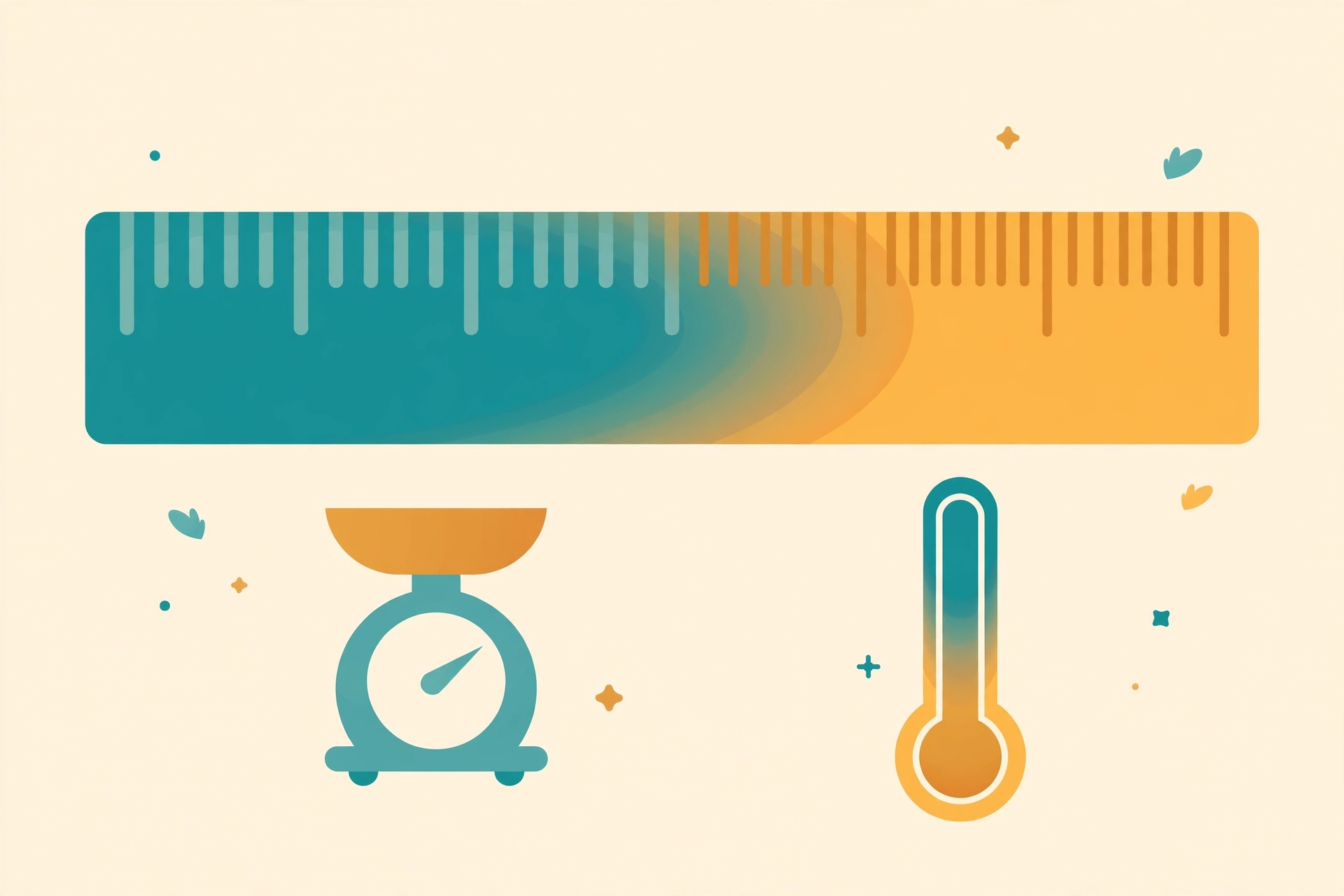 Flat illustration of a ruler blending inches into centimeters, a kitchen scale and a thermometer