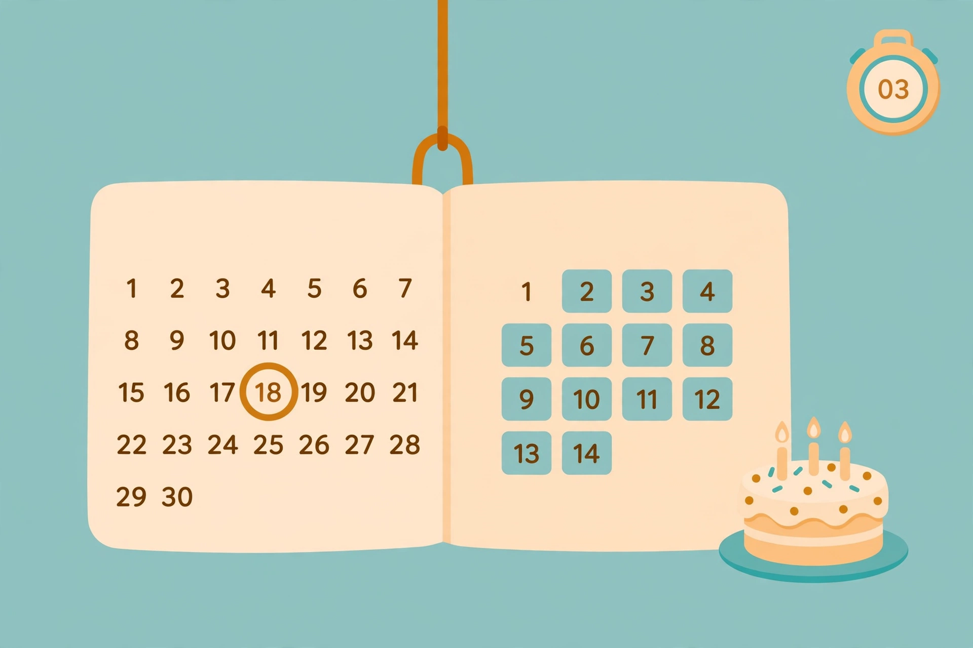 Flat illustration of a wall calendar with a circled date, a birthday cake and a countdown timer