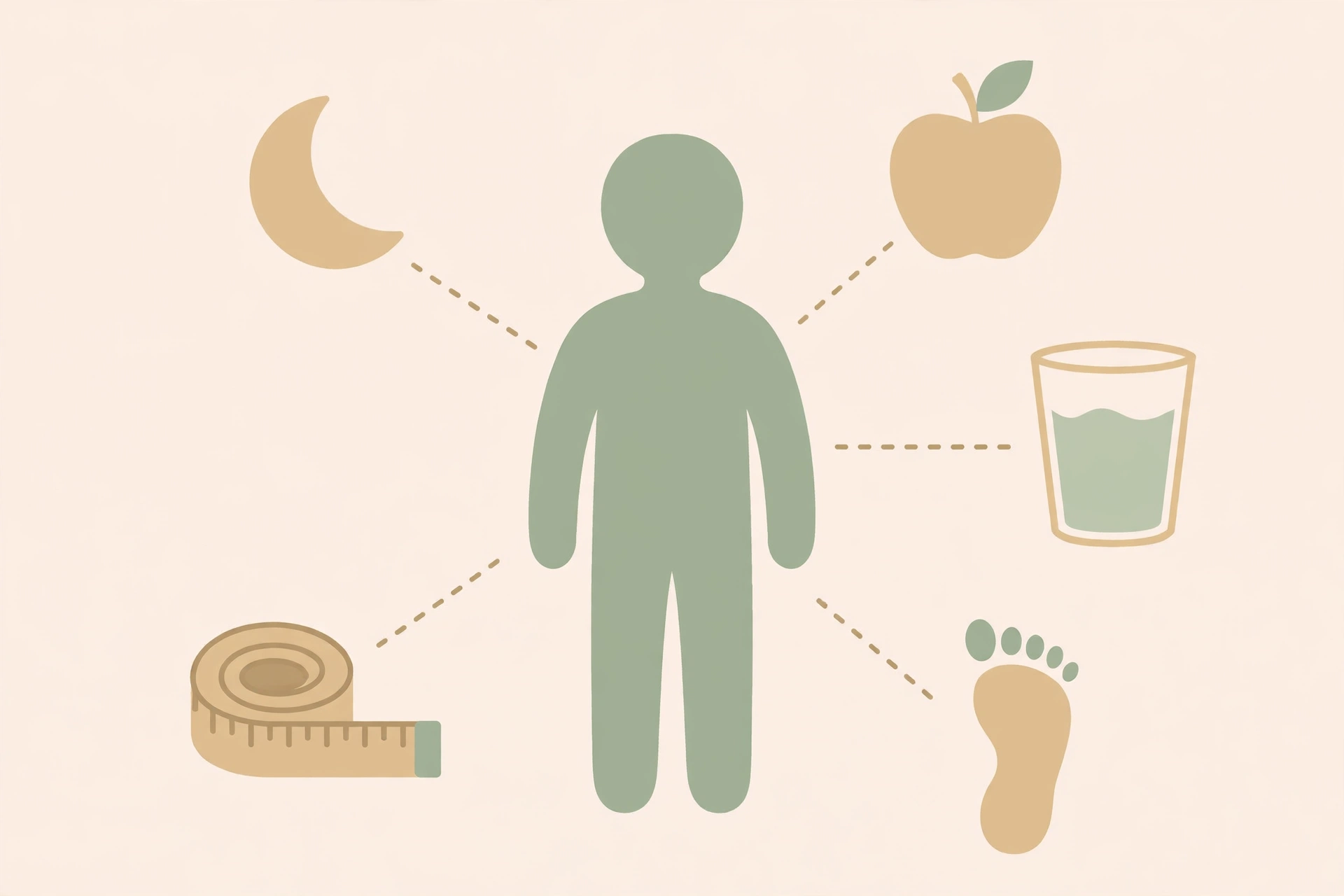 Flat illustration of a human silhouette surrounded by icons for BMI, food, sleep, water and steps