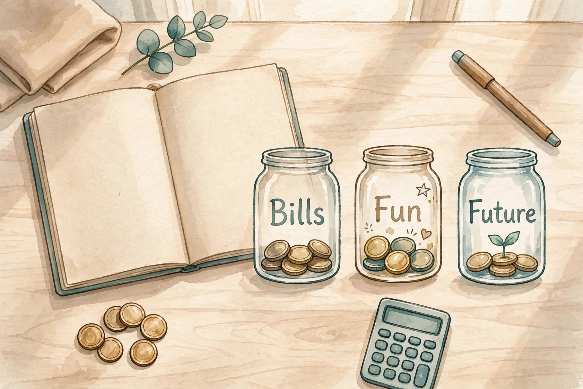 Flat-lay illustration of budgeting: a notebook with three jars labeled Bills, Fun and Future, coins and a calculator