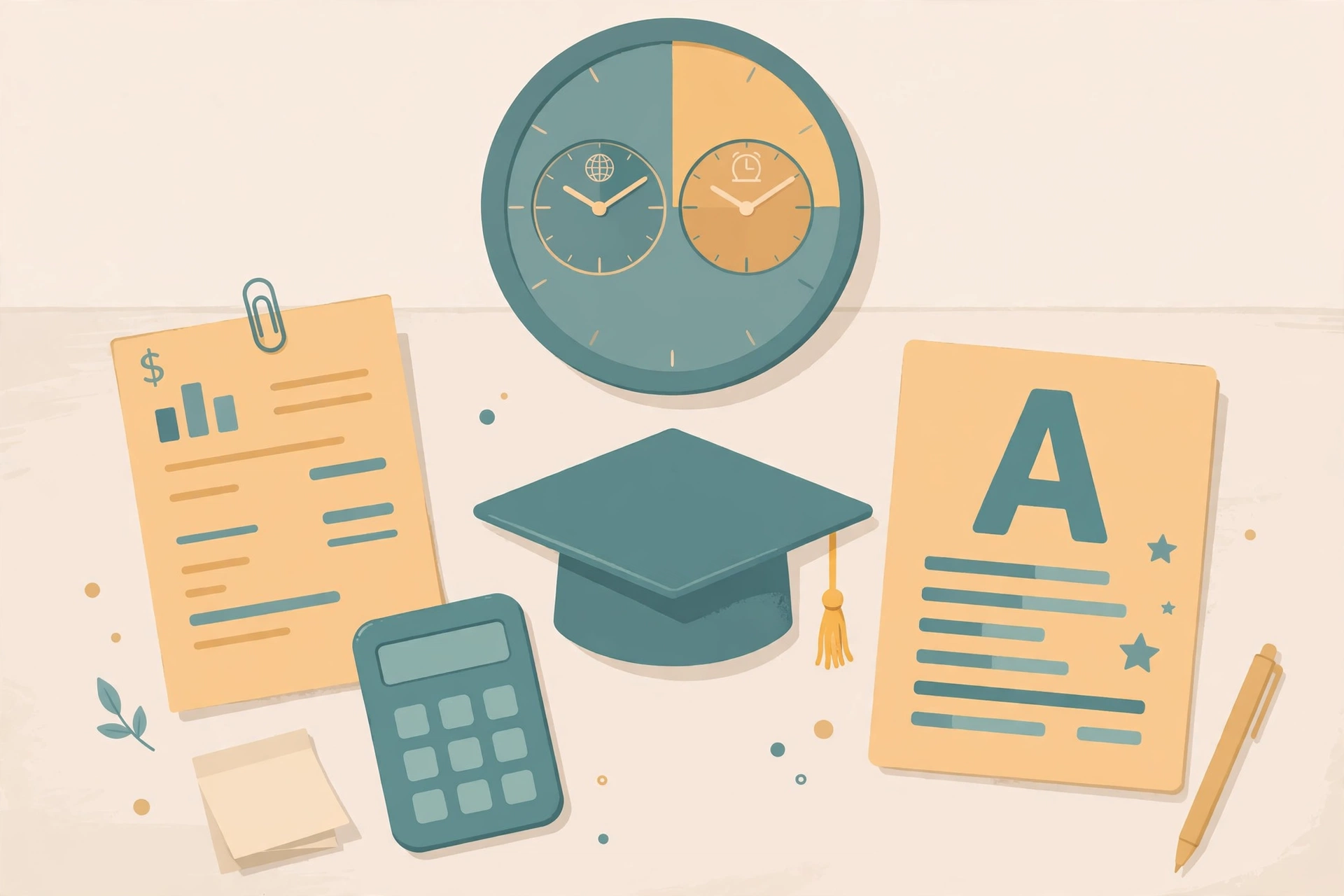 Flat illustration of work and study numbers: a pay slip, calculator, graduation cap, clocks and a report card
