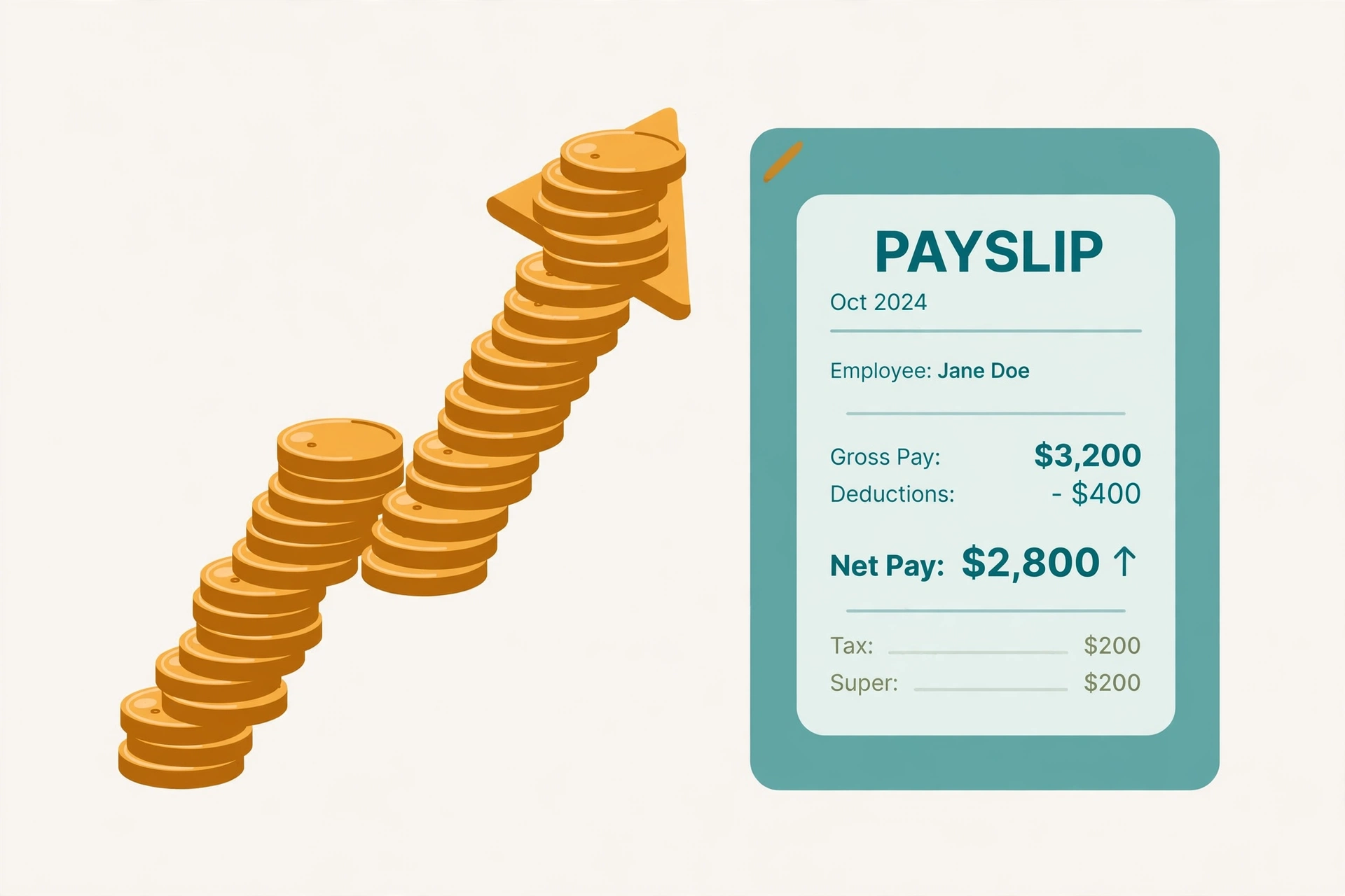 Upward trending arrow made of coins next to a payslip document