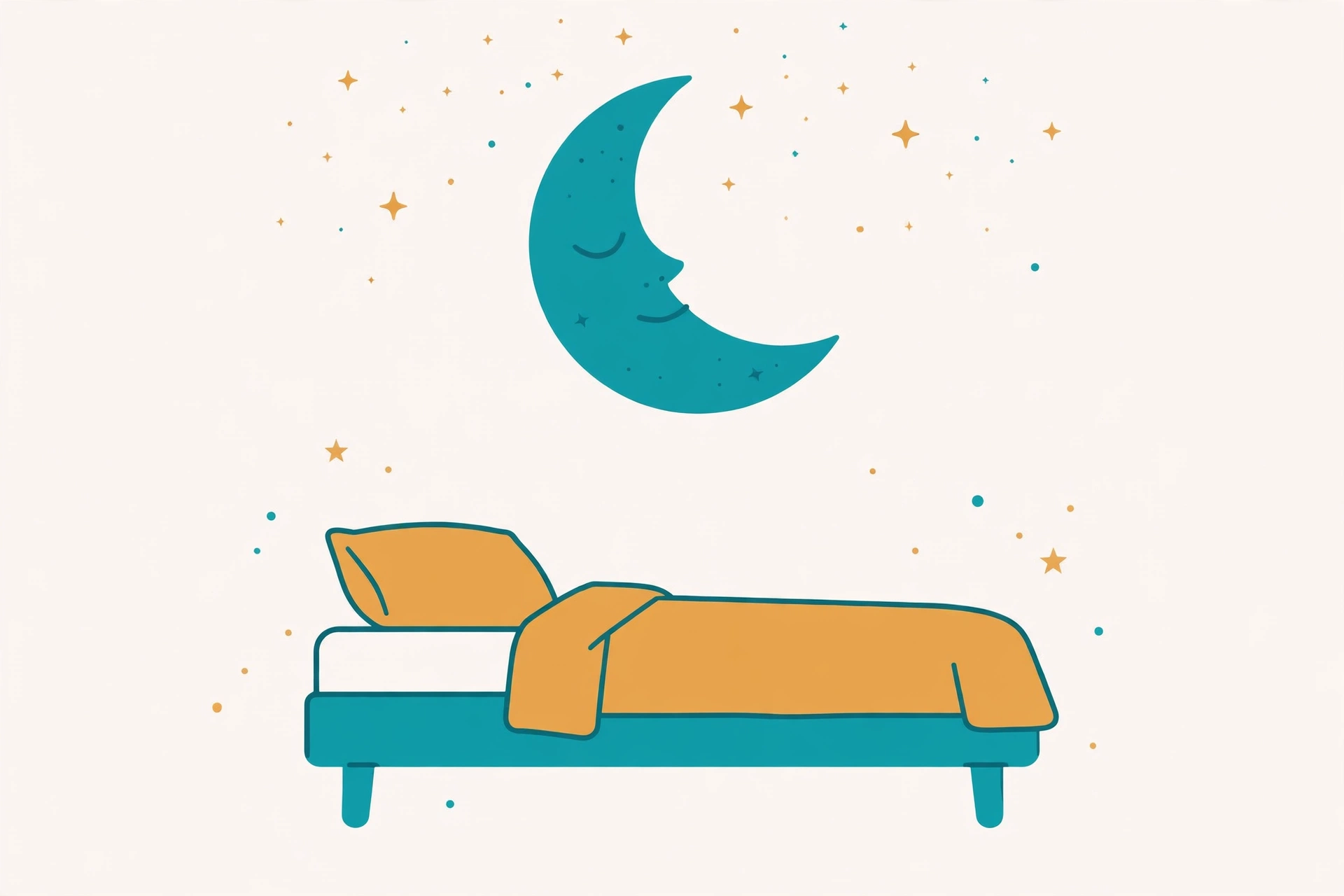 Peaceful crescent moon over a bed with pillow and stars