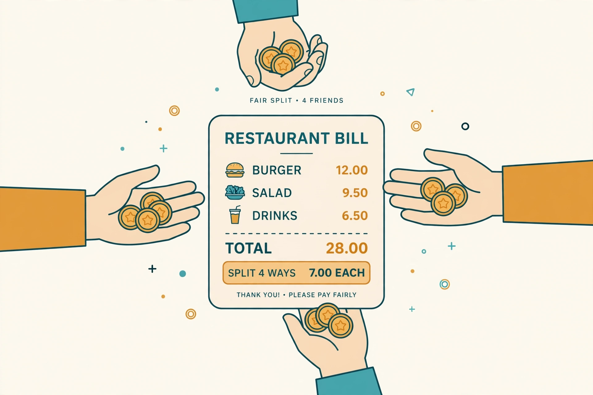 Friends splitting a restaurant bill fairly, one person calculating shares on a phone